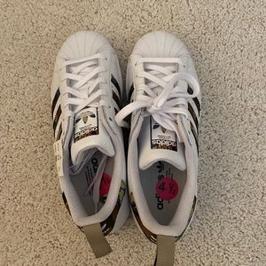Brand new, never used Adidas Superstar White Savannah Camo